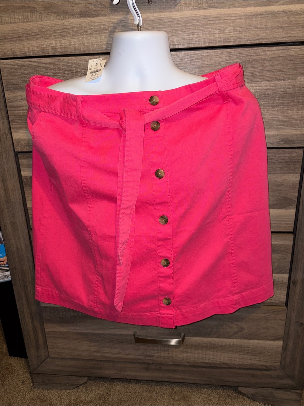 J Crew Women Bright Pink Button-Front Mini Skirt with Belt